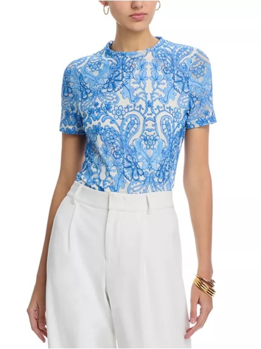 Johnny Was Eleanor Short Sleeve Mesh Tee with Lace and Embroidery size XS NWT